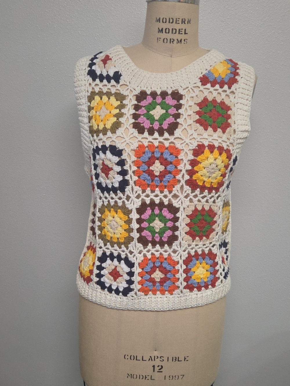 Hand Crafted Cream Crochet Granny Square Vest with Rainbow Blocks
